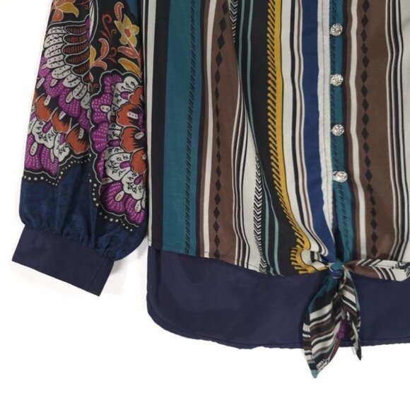 FIGUEROA & Flower Women's MEDIUM Green Pink Floral Blouse Shirt Top Boho Striped - Picture 8 of 10